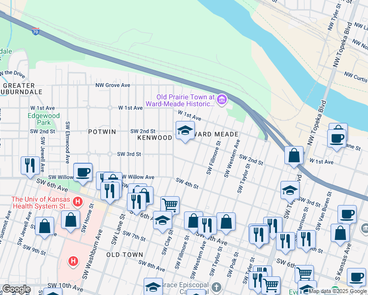 map of restaurants, bars, coffee shops, grocery stores, and more near 201 Southwest Clay Street in Topeka