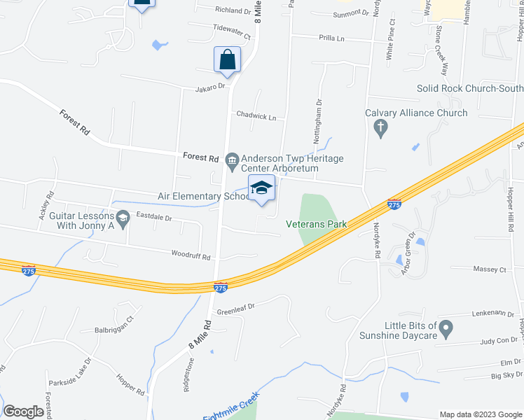 map of restaurants, bars, coffee shops, grocery stores, and more near 8471 Forest Road in Cincinnati