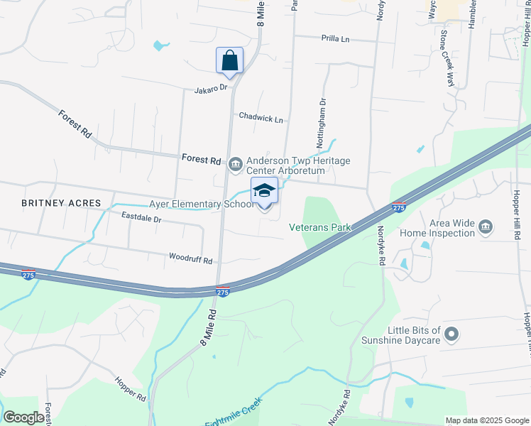 map of restaurants, bars, coffee shops, grocery stores, and more near 8471 Forest Road in Cincinnati