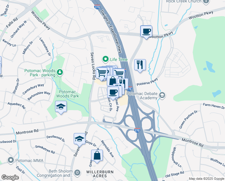map of restaurants, bars, coffee shops, grocery stores, and more near 12500 Park Potomac Avenue in Potomac