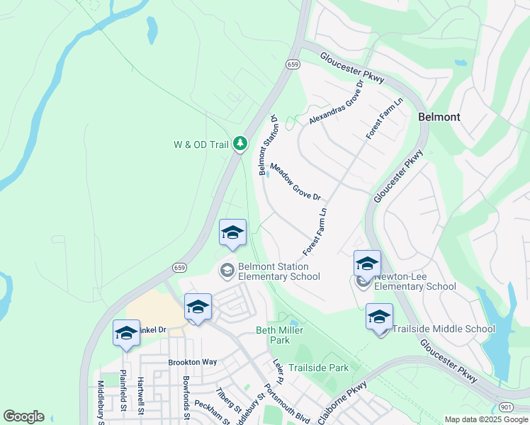 map of restaurants, bars, coffee shops, grocery stores, and more near 19999 Belmont Station Drive in Ashburn
