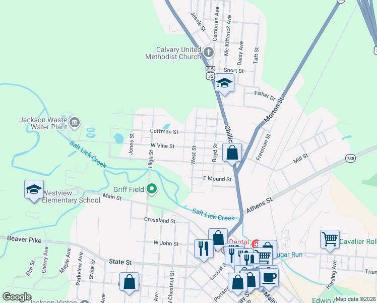 map of restaurants, bars, coffee shops, grocery stores, and more near 1W West Wood Avenue in Jackson