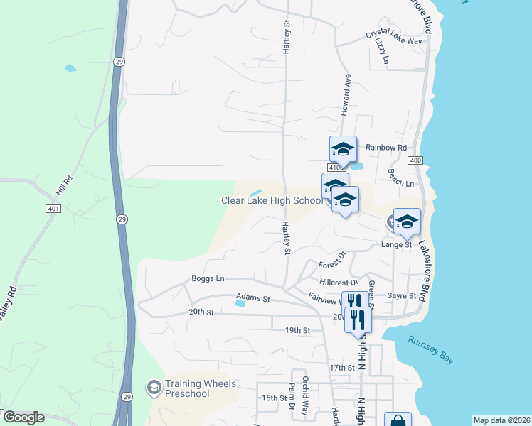 map of restaurants, bars, coffee shops, grocery stores, and more near 820 Anastasia Drive in Lakeport