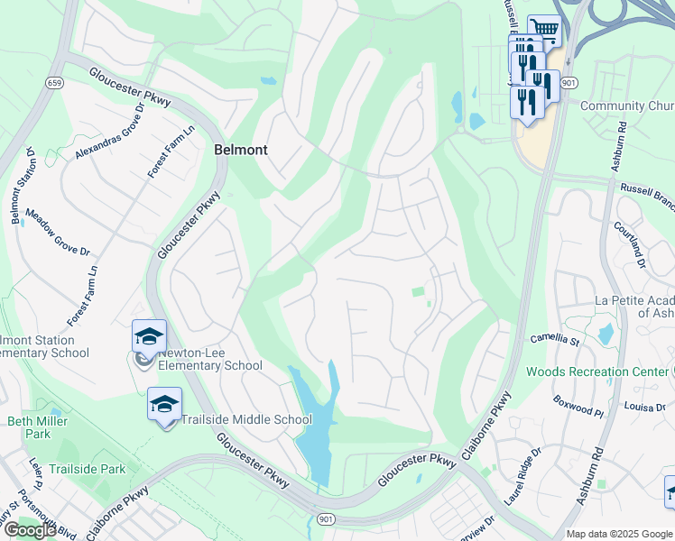 map of restaurants, bars, coffee shops, grocery stores, and more near 20022 Muirfield Village Court in Ashburn
