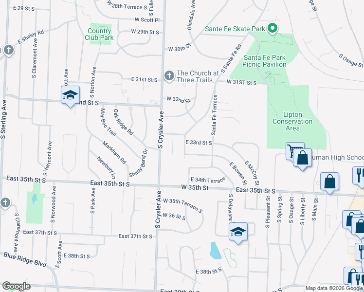 map of restaurants, bars, coffee shops, grocery stores, and more near 3306 South Grand Avenue in Independence