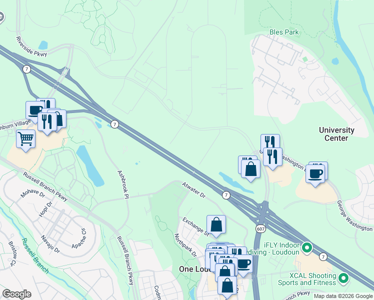 map of restaurants, bars, coffee shops, grocery stores, and more near 20052 Lexington Drive in Ashburn
