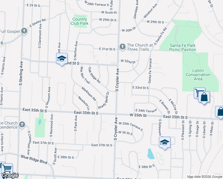 map of restaurants, bars, coffee shops, grocery stores, and more near 3301 Shady Bend Drive in Independence