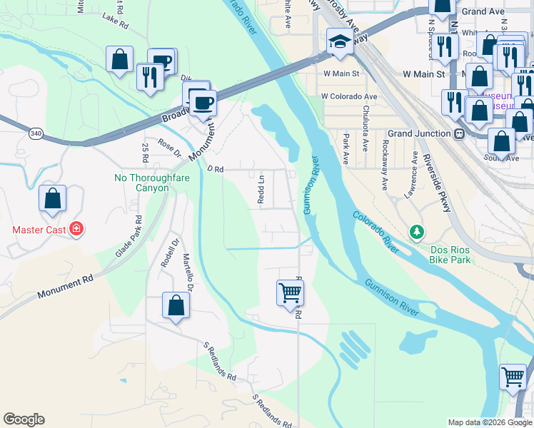 map of restaurants, bars, coffee shops, grocery stores, and more near 381 Redd Ln in Grand Junction