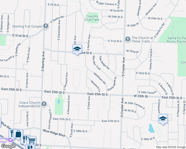 map of restaurants, bars, coffee shops, grocery stores, and more near 11710 Markham Road in Independence