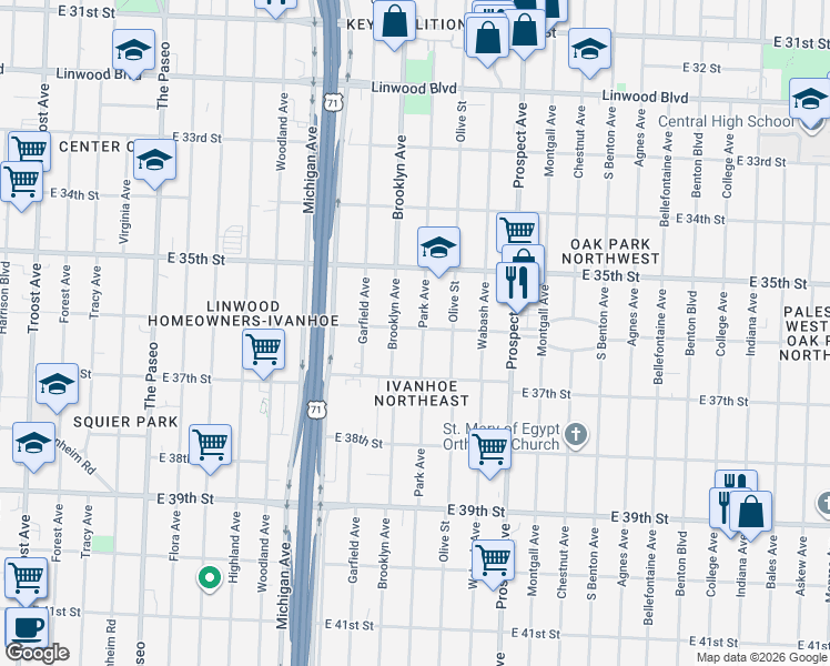map of restaurants, bars, coffee shops, grocery stores, and more near 3538 Park Avenue in Kansas City