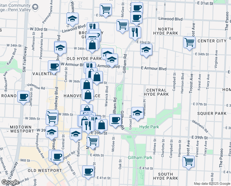 map of restaurants, bars, coffee shops, grocery stores, and more near 3606 Gillham Road in Kansas City