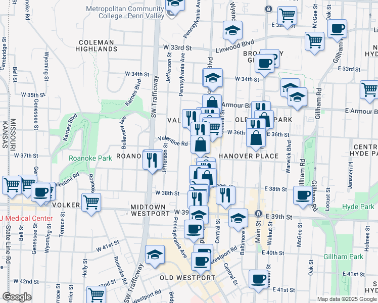 map of restaurants, bars, coffee shops, grocery stores, and more near 411 Valentine Road in Kansas City