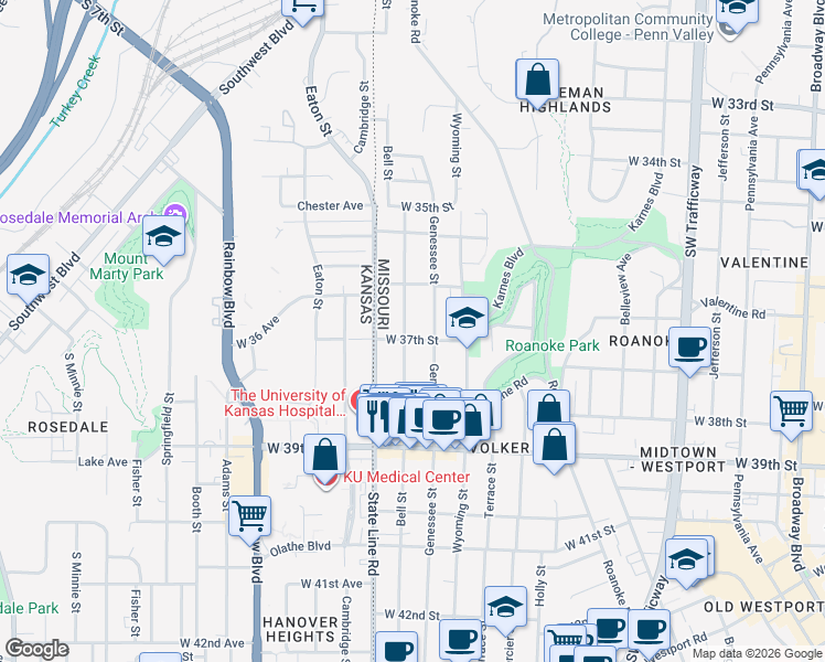 map of restaurants, bars, coffee shops, grocery stores, and more near 3616 Bell Street in Kansas City