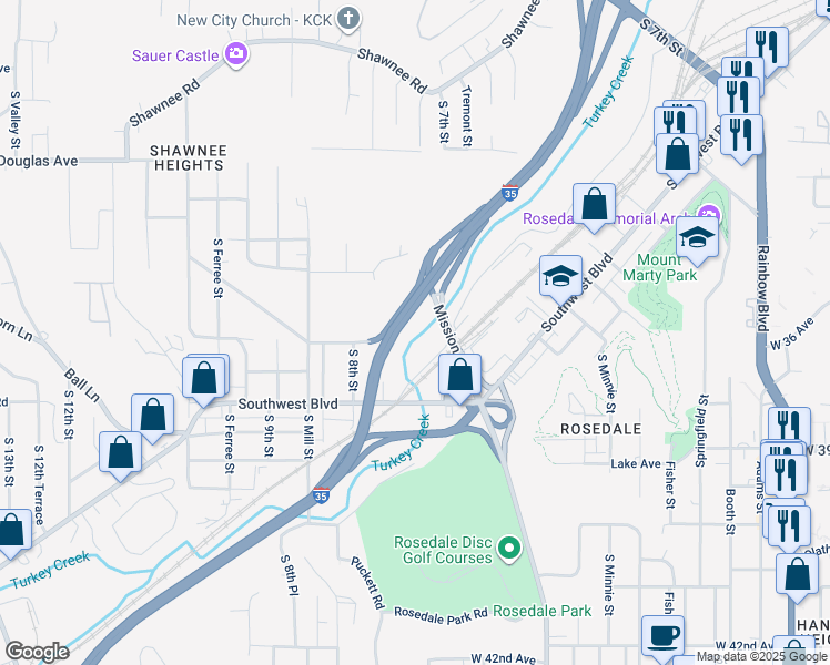 map of restaurants, bars, coffee shops, grocery stores, and more near Interstate 35 in Kansas City