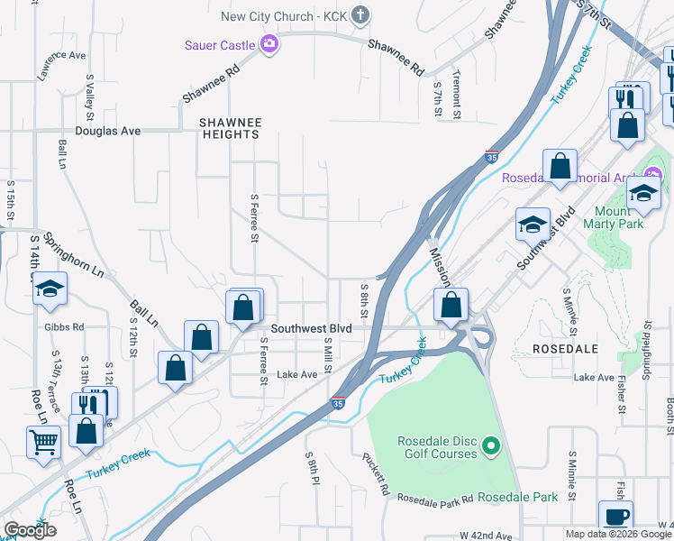 map of restaurants, bars, coffee shops, grocery stores, and more near 2232 South Mill Street in Kansas City