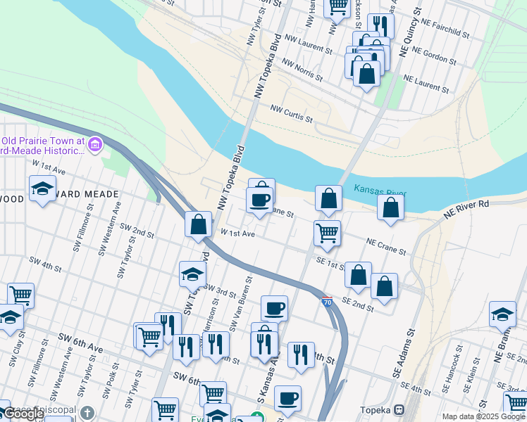 map of restaurants, bars, coffee shops, grocery stores, and more near 322 NW Crane St in Topeka
