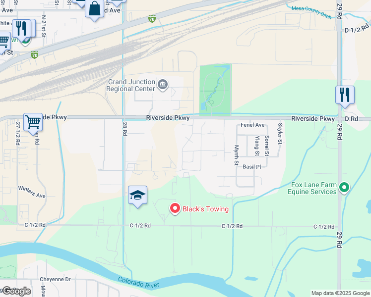 map of restaurants, bars, coffee shops, grocery stores, and more near 2826 South Forest Lane in Grand Junction