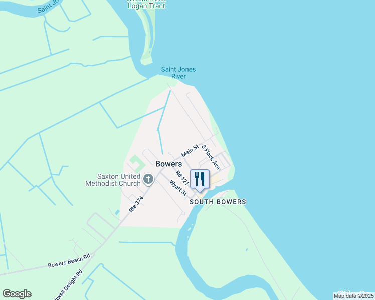 map of restaurants, bars, coffee shops, grocery stores, and more near 3501 Main Street in Frederica