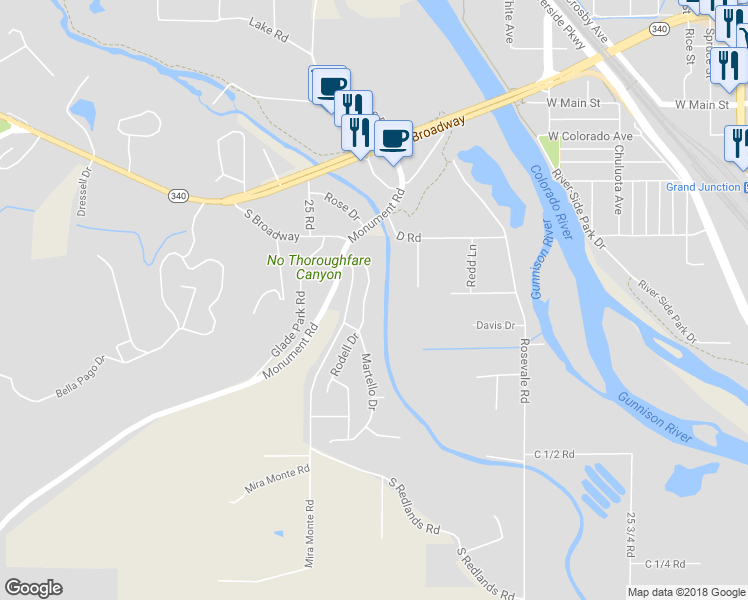 map of restaurants, bars, coffee shops, grocery stores, and more near 384 Rodell Drive in Grand Junction