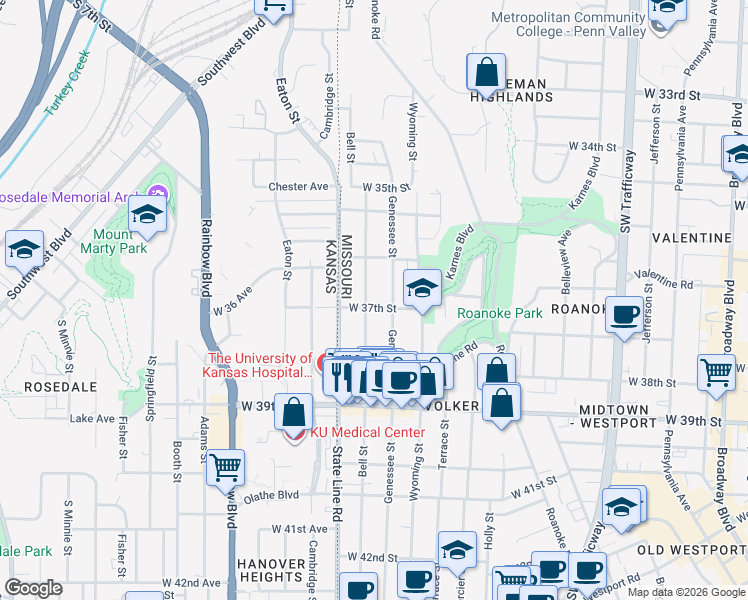 map of restaurants, bars, coffee shops, grocery stores, and more near 3616 Bell Street in Kansas City