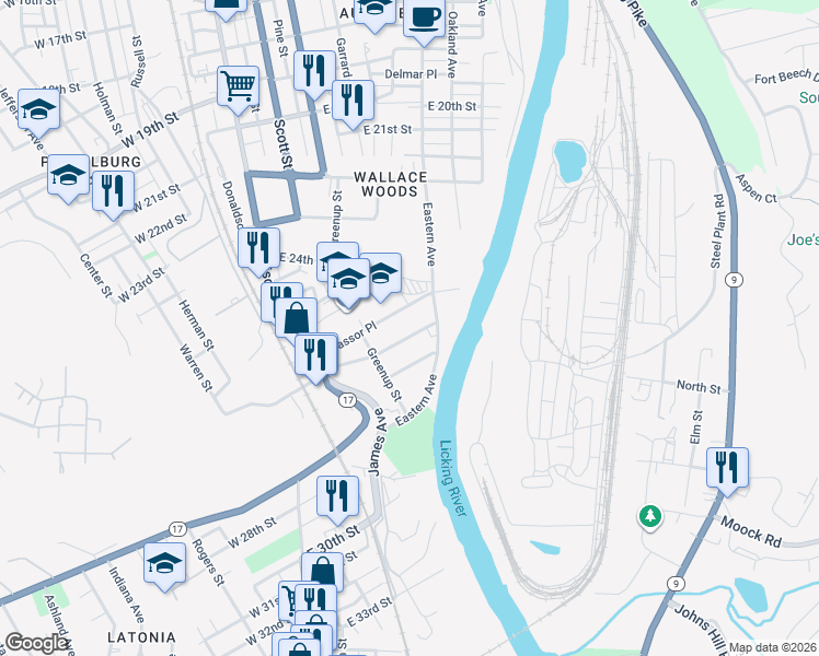map of restaurants, bars, coffee shops, grocery stores, and more near 221 Levassor Avenue in Covington