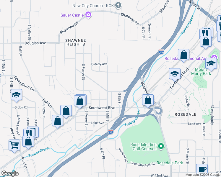 map of restaurants, bars, coffee shops, grocery stores, and more near 2232 South Mill Street in Kansas City
