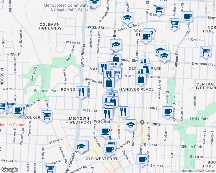 map of restaurants, bars, coffee shops, grocery stores, and more near 3700 Broadway in Kansas City