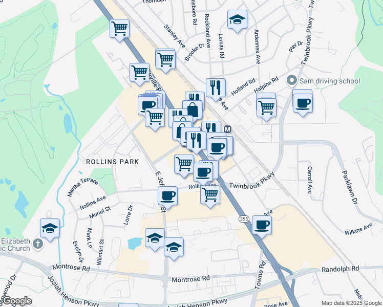 map of restaurants, bars, coffee shops, grocery stores, and more near 1701 Rockville Pike in Rockville