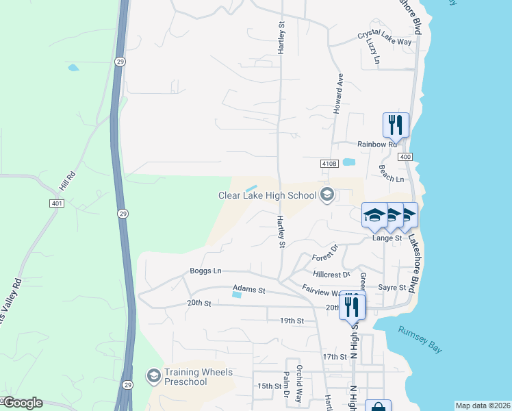 map of restaurants, bars, coffee shops, grocery stores, and more near 820 Anastasia Drive in Lakeport
