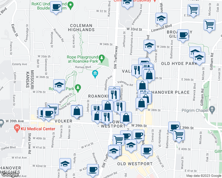 map of restaurants, bars, coffee shops, grocery stores, and more near 814 Valentine Road in Kansas City