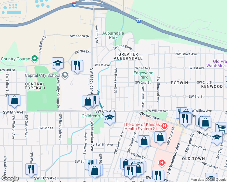 map of restaurants, bars, coffee shops, grocery stores, and more near 2300 Southwest Duane Street in Topeka