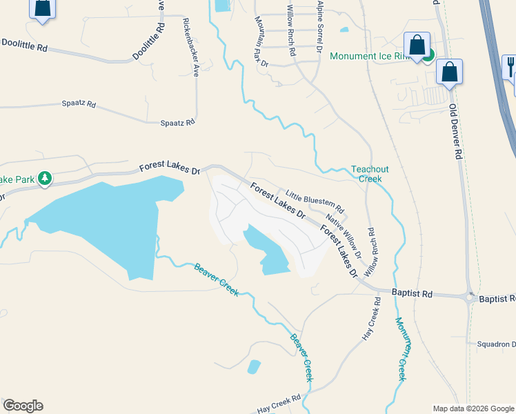 map of restaurants, bars, coffee shops, grocery stores, and more near 15841 Lake Mist Drive in Monument