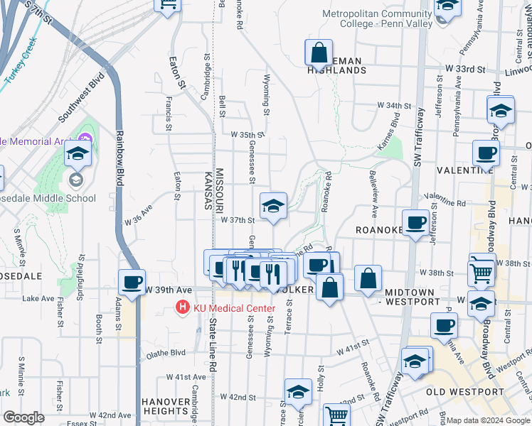 map of restaurants, bars, coffee shops, grocery stores, and more near 3632 Wyoming Street in Kansas City