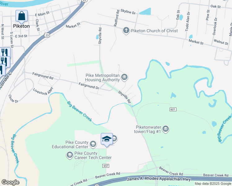 map of restaurants, bars, coffee shops, grocery stores, and more near 2626 Shyville Road in Piketon
