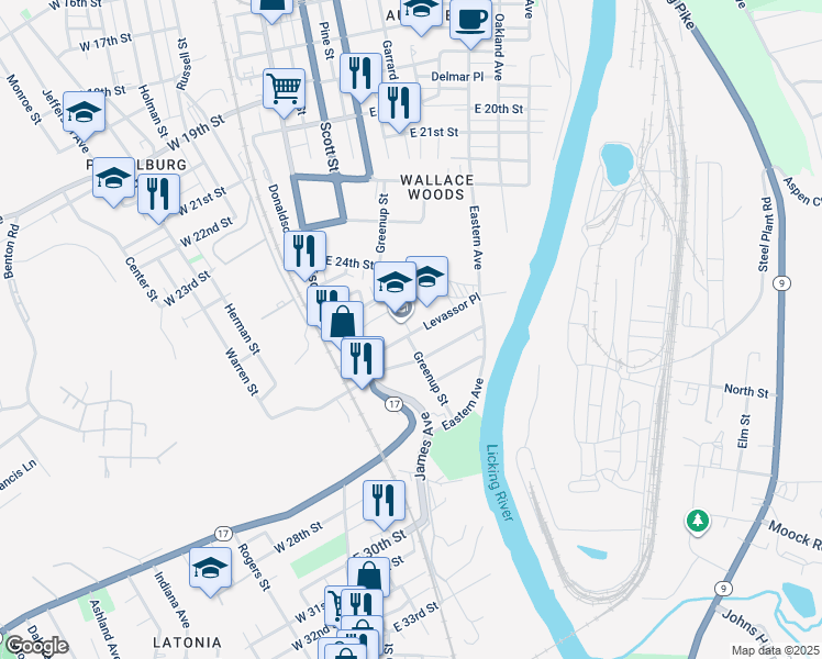 map of restaurants, bars, coffee shops, grocery stores, and more near 2500 Madison Avenue in Covington