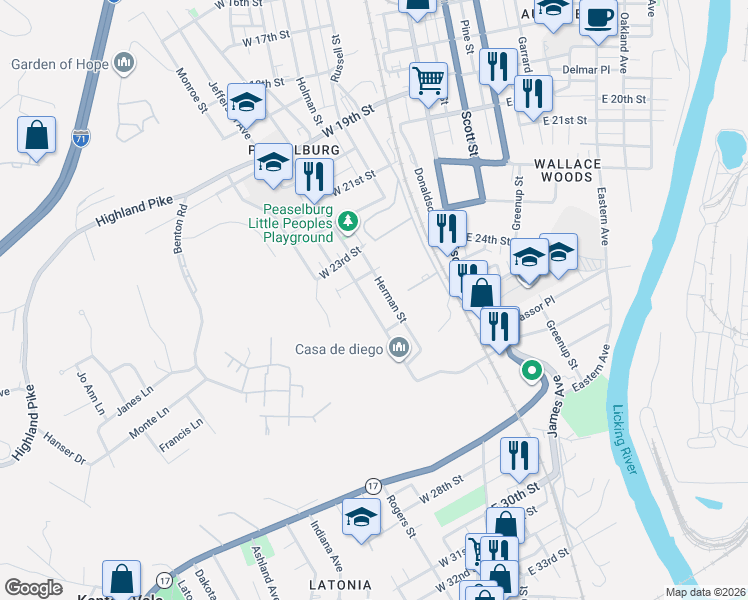 map of restaurants, bars, coffee shops, grocery stores, and more near 2404 Warren Street in Covington