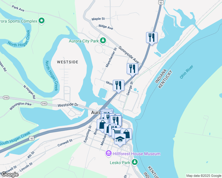 map of restaurants, bars, coffee shops, grocery stores, and more near 351 Moore Street in Aurora