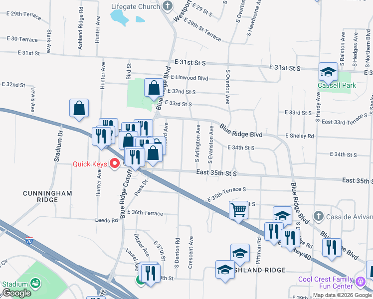 map of restaurants, bars, coffee shops, grocery stores, and more near 3326 South Arlington Avenue in Independence