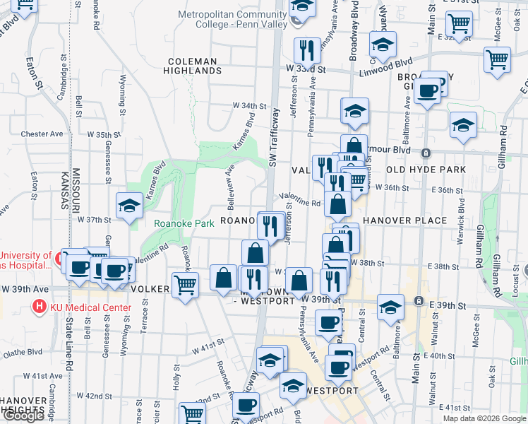 map of restaurants, bars, coffee shops, grocery stores, and more near 814 Valentine Road in Kansas City