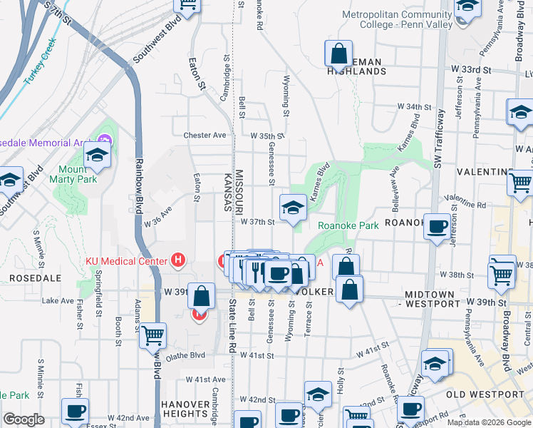 map of restaurants, bars, coffee shops, grocery stores, and more near 3616 Genessee Street in Kansas City