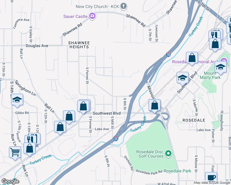 map of restaurants, bars, coffee shops, grocery stores, and more near 2232 South Mill Street in Kansas City