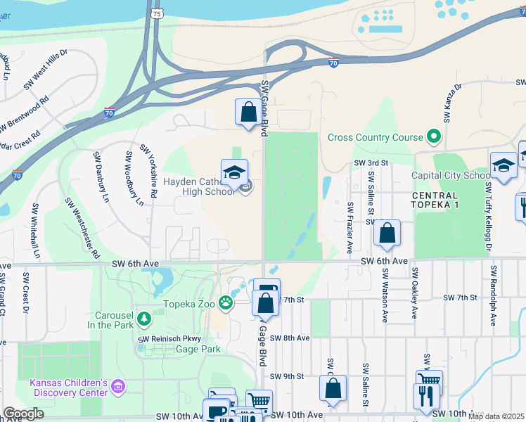 map of restaurants, bars, coffee shops, grocery stores, and more near in Topeka