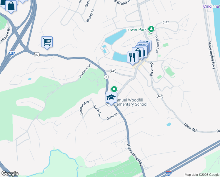 map of restaurants, bars, coffee shops, grocery stores, and more near 840 Alexandria Pike in Fort Thomas