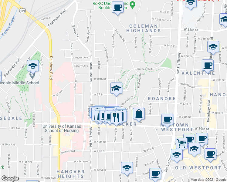 map of restaurants, bars, coffee shops, grocery stores, and more near 3634 Wyoming Street in Kansas City