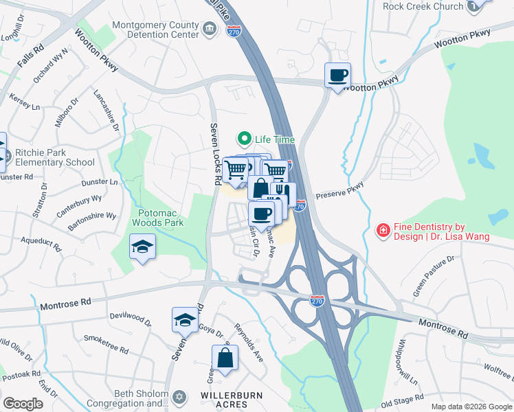 map of restaurants, bars, coffee shops, grocery stores, and more near 12500 Park Potomac Avenue in Potomac