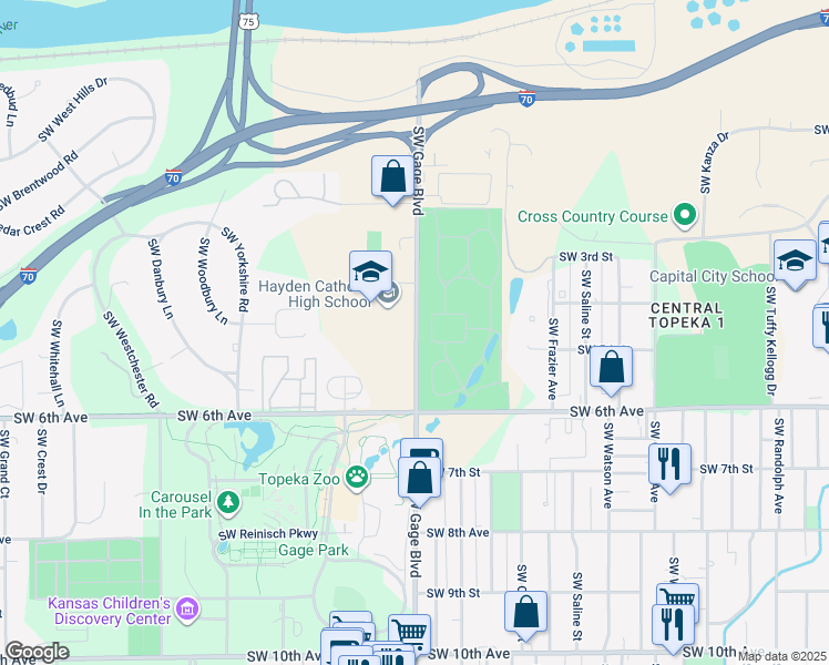 map of restaurants, bars, coffee shops, grocery stores, and more near 1200 Southwest 6th Avenue in Topeka