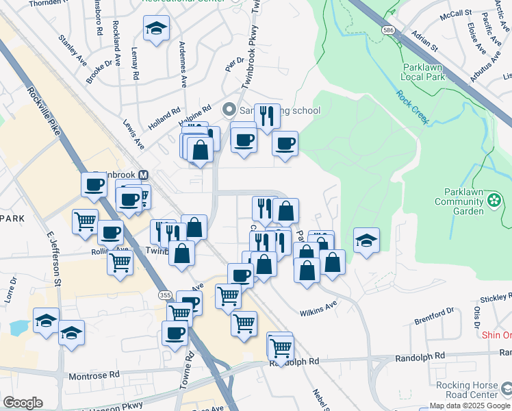 map of restaurants, bars, coffee shops, grocery stores, and more near 12420 Parklawn Drive in Rockville