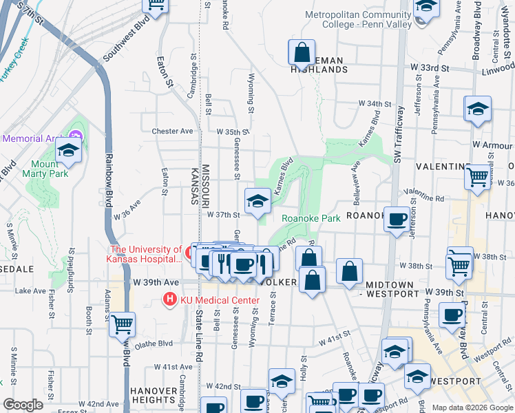 map of restaurants, bars, coffee shops, grocery stores, and more near 1500 West 37th Street in Kansas City