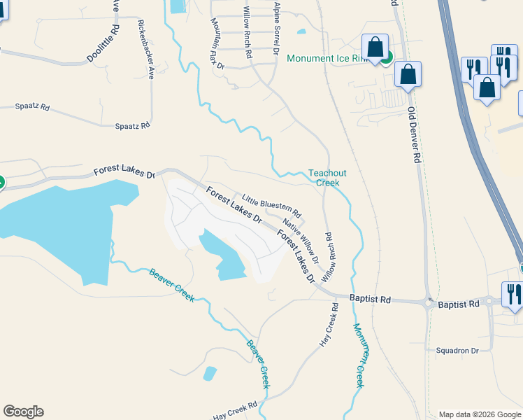 map of restaurants, bars, coffee shops, grocery stores, and more near 2107 Forest Lakes Drive in Monument