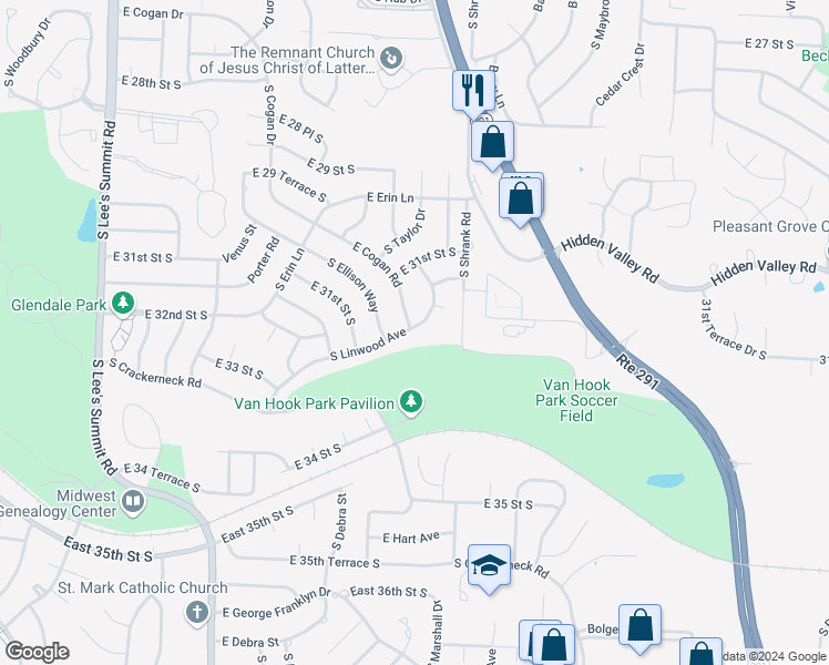 map of restaurants, bars, coffee shops, grocery stores, and more near 2917 South Linwood Avenue in Independence